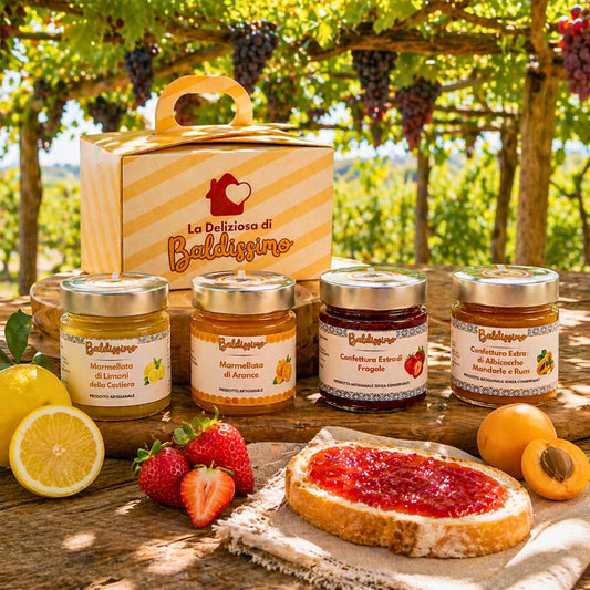 Cofanetto Baldissimo con marmellate artigianali di limoni, arance, fragole e albicocche su tagliere di legno sotto pergola d’uva, con pane e confettura di fragole.