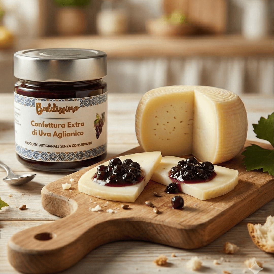 Confettura extra di uva Aglianico Baldissimo servita con formaggio stagionato su tagliere.