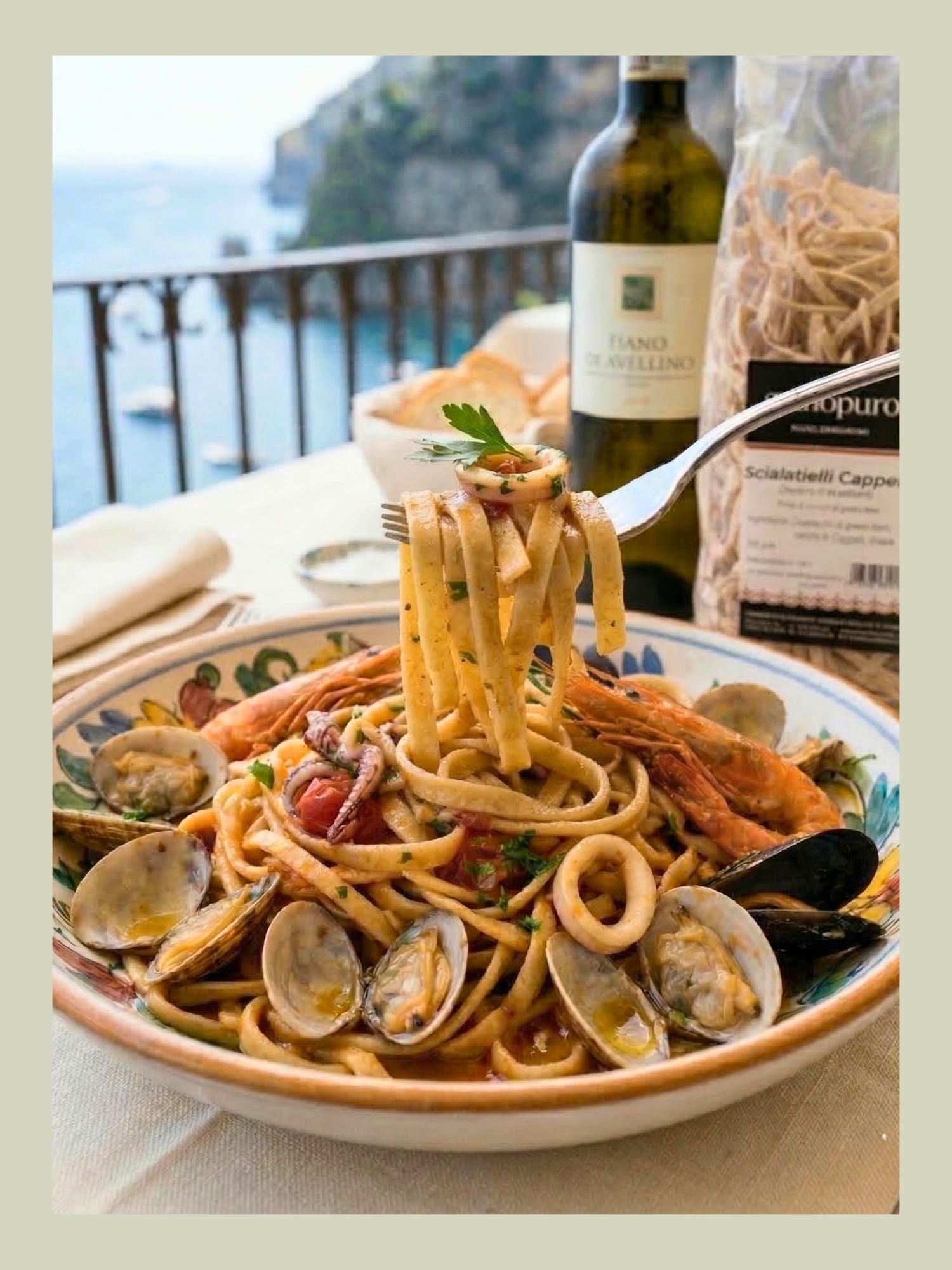 Pasta artigianale campana con frutti di mare vista mare