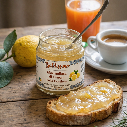Vasetto di marmellata di limoni Baldissimo su tavolo in legno con pane tostato spalmato, limone fresco, caffè e succo d’arancia sullo sfondo.