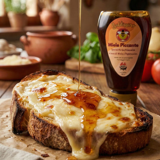 Bruschetta con formaggio fuso e miele piccante Baldissimo colato sopra, con flacone squeeze sullo sfondo
