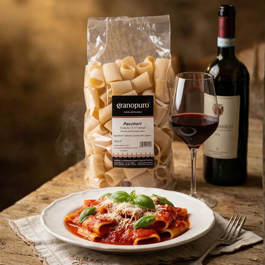 Paccheri pasta di Gragnano con sugo San Marzano allo scarpariello e vino rosso