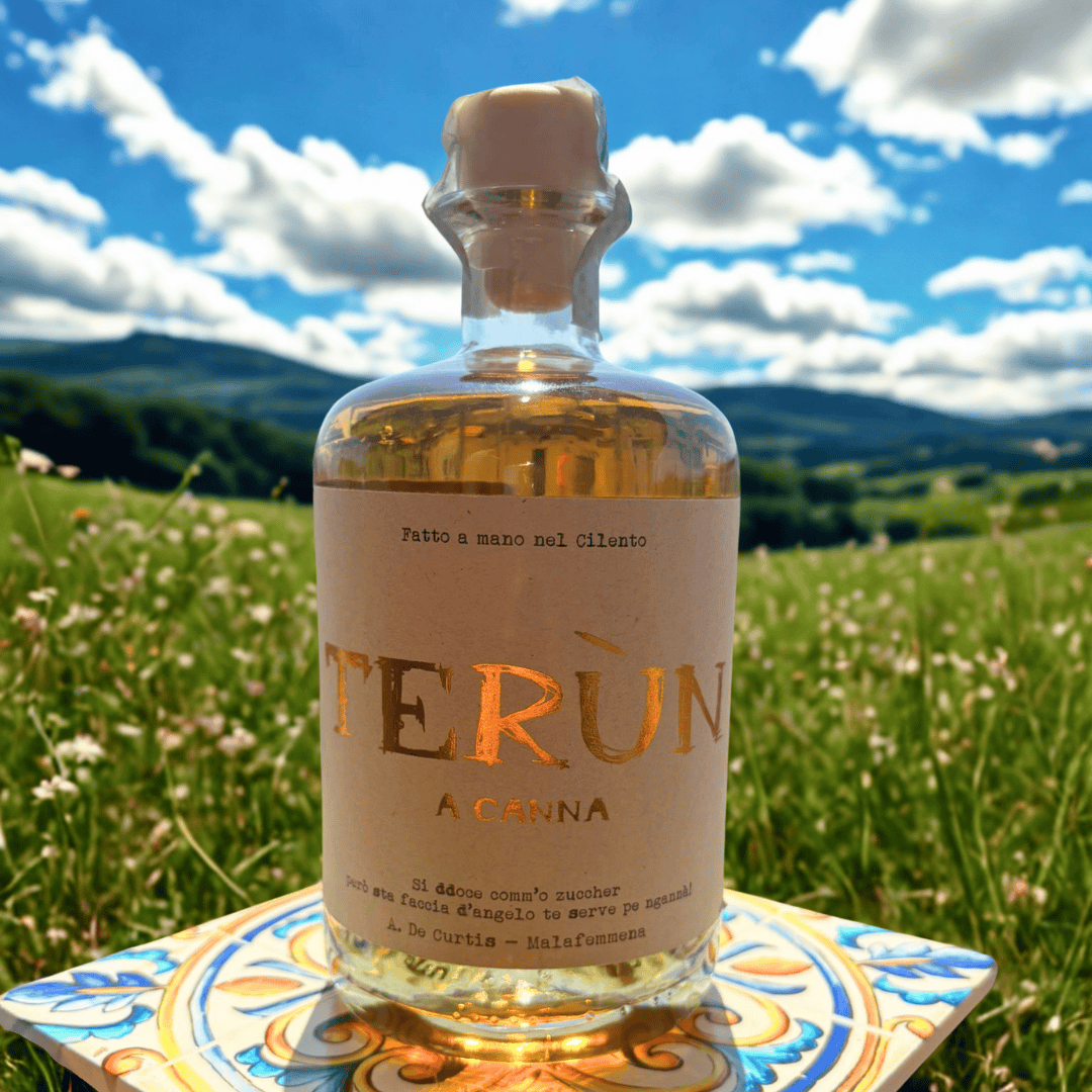 Bottiglia di rum artigianale Terùn alla canna, prodotto nel Cilento, fotografata in un prato con colline sullo sfondo