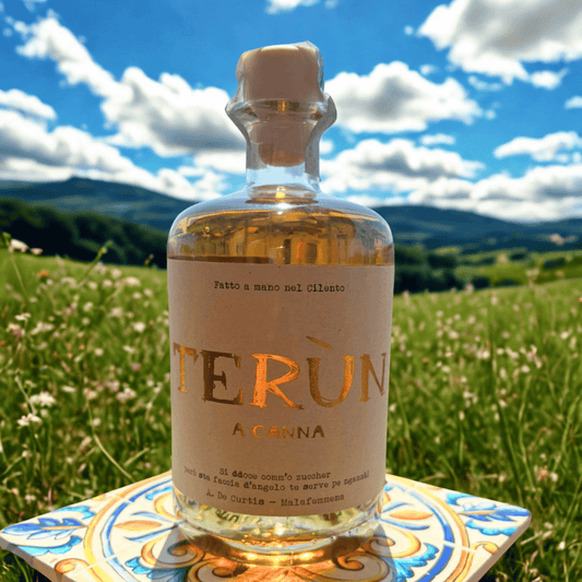 Bottiglia di rum artigianale Terùn alla canna, prodotto nel Cilento, fotografata in un prato con colline sullo sfondo