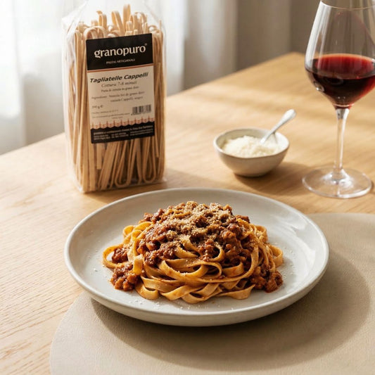Piatto di tagliatelle di grano Senatore Cappelli con ragù alla bolognese e pasta Granopuro Pastificio La Casa del Tortellino