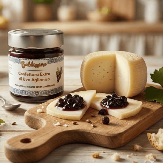 Confettura extra di uva Aglianico Baldissimo servita con formaggio stagionato su tagliere.