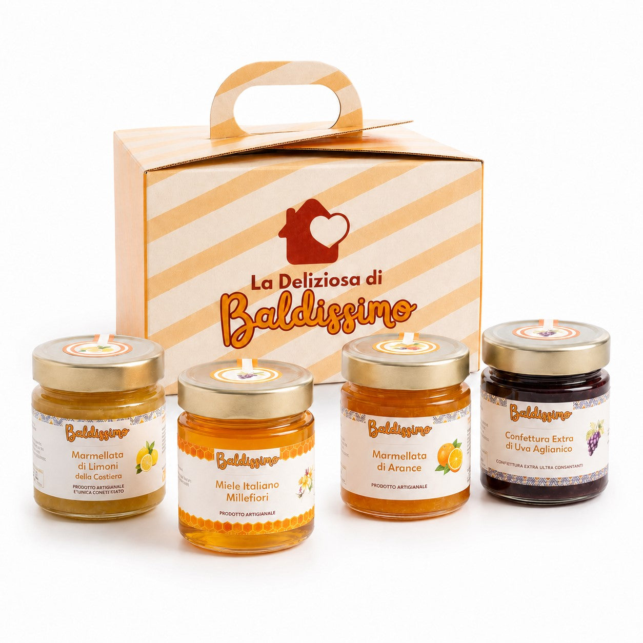 Cofanetto delle Dolcezze Baldissimo con marmellata di limoni, miele millefiori, marmellata di arance e confettura extra di uva aglianico su sfondo bianco.